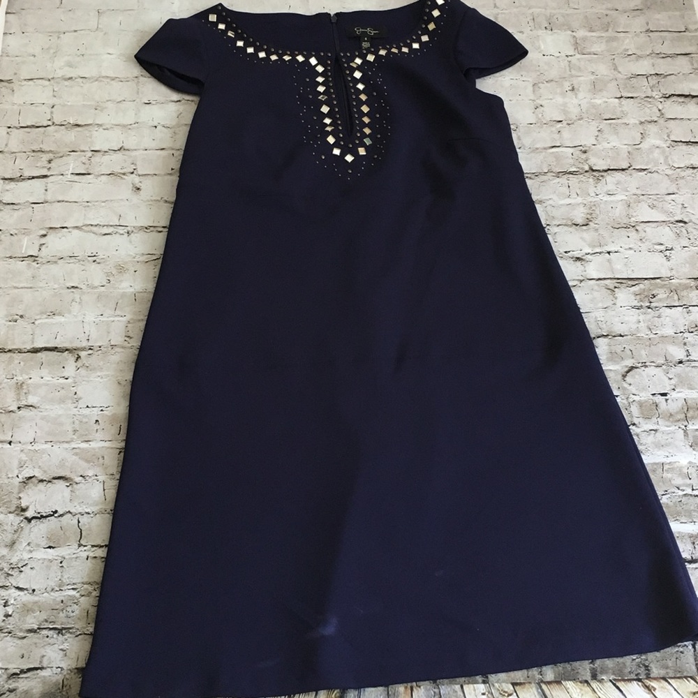 Jessica Simpson A-Line navy embellished dr…
